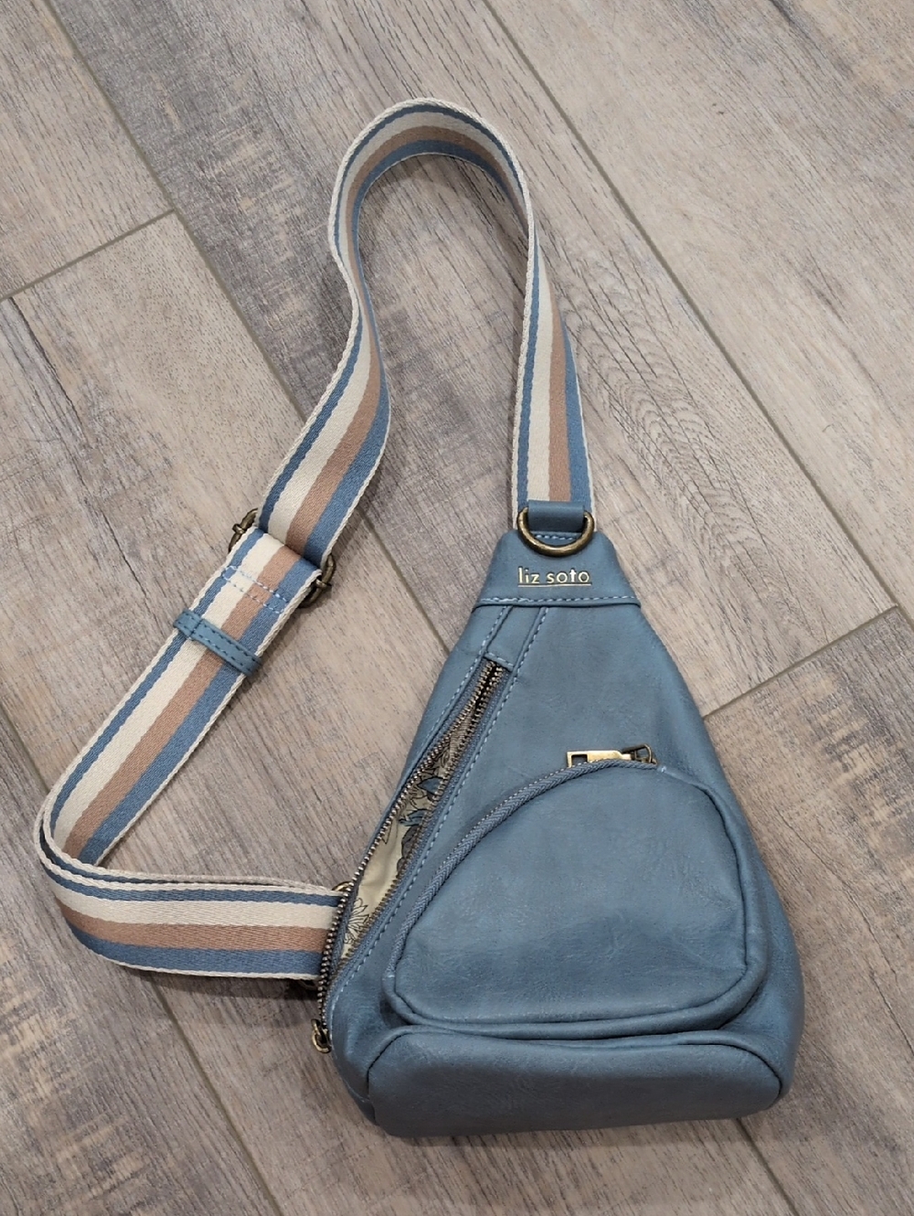 Liz Soto Blue Leather Sling Bag with Striped Adjustable Strap, New!